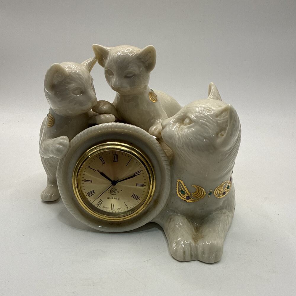Lenox Quartz Three Cats Cream Porcelain Table Clock *